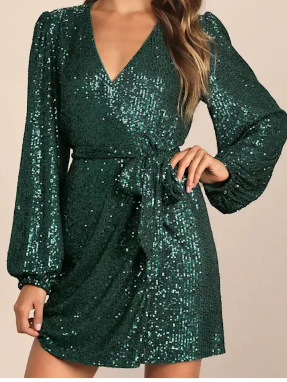 Lulu's Emerald Green Sequin Wrap Mini Dress